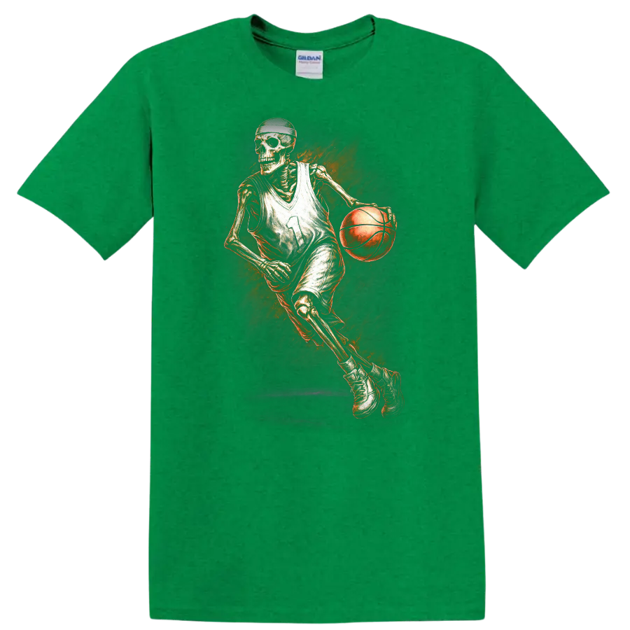 Vintage gothic skeleton basketball player dribbling with fiery orange artwork on a Antic Irish Green T Shirt