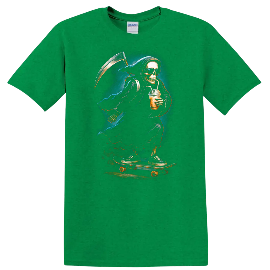 Vintage gothic Grim Reaper skeleton in sunglasses skating with a scythe and iced drink on a Antic Irish Green T Shirt