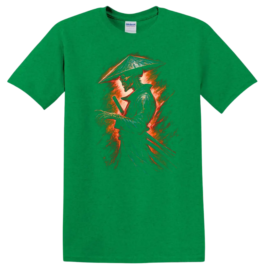 Fiery vintage-style skeleton samurai swordsman graphic in a conical hat on a Antic Irish Green T Shirt