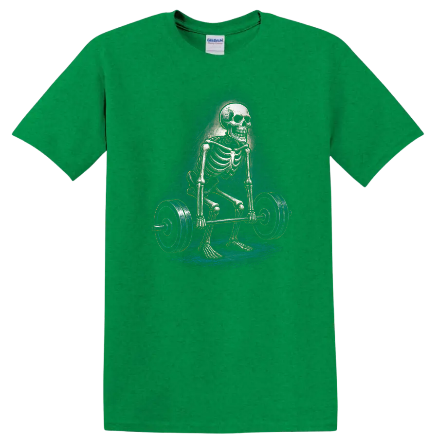 Vintage gothic skeleton performing a barbell deadlift graphic on a Antic Irish Green T Shirt