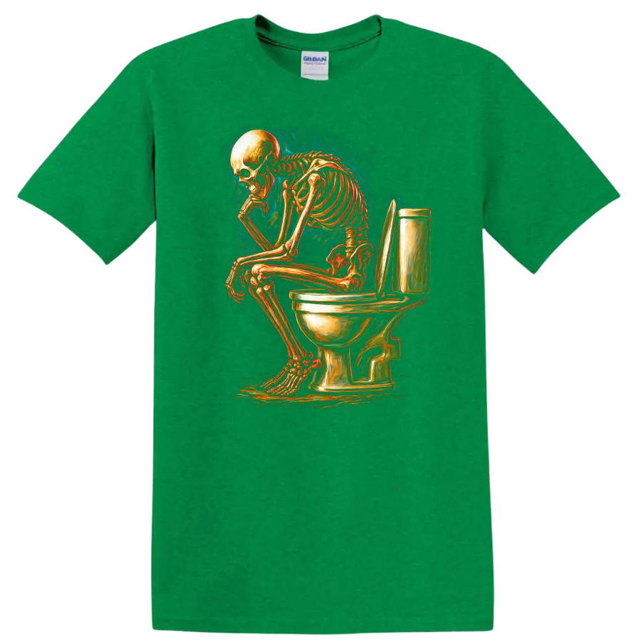 Vintage gothic skeleton sitting on a toilet in detailed dark humor artwork on a Antic Irish Green T Shirt