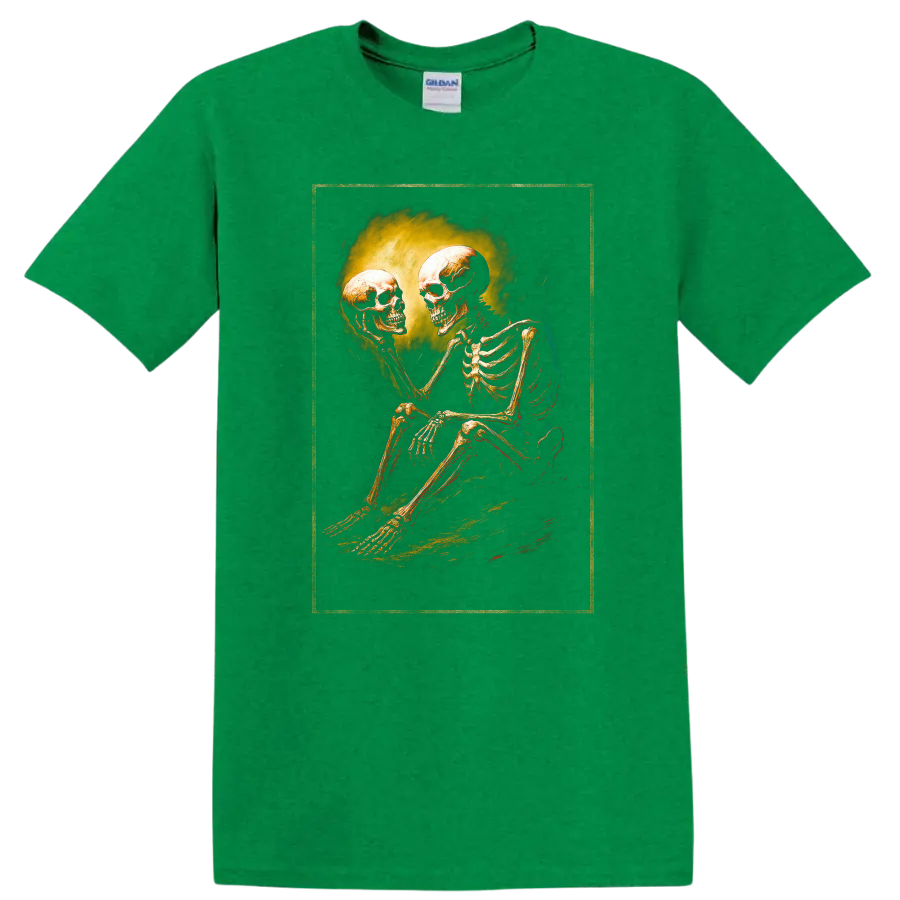 Vintage gothic skeleton holding a skull in a moody dark art illustration on a Antic Irish Green T Shirt