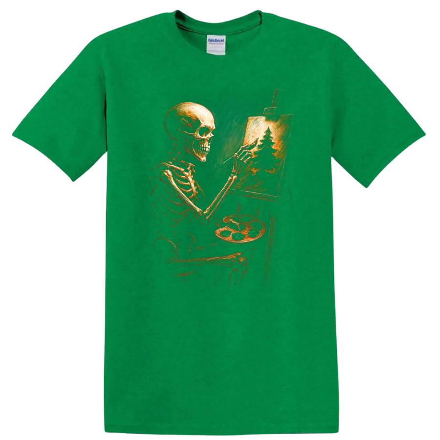 Vintage gothic skeleton artist painting an evergreen forest on an easel on a Antic Irish Green T Shirt