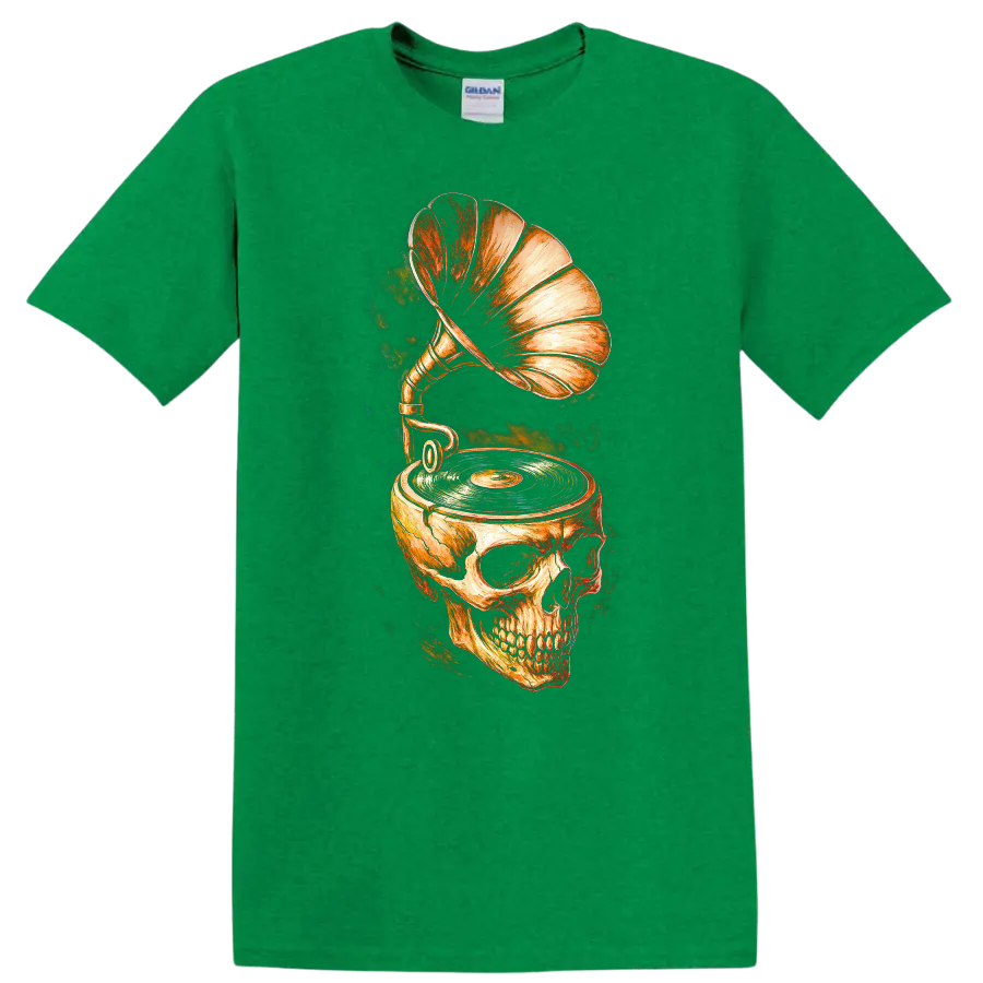 Vintage skull gramophone and turntable graphic with vinyl record on a Antic Irish Green T Shirt