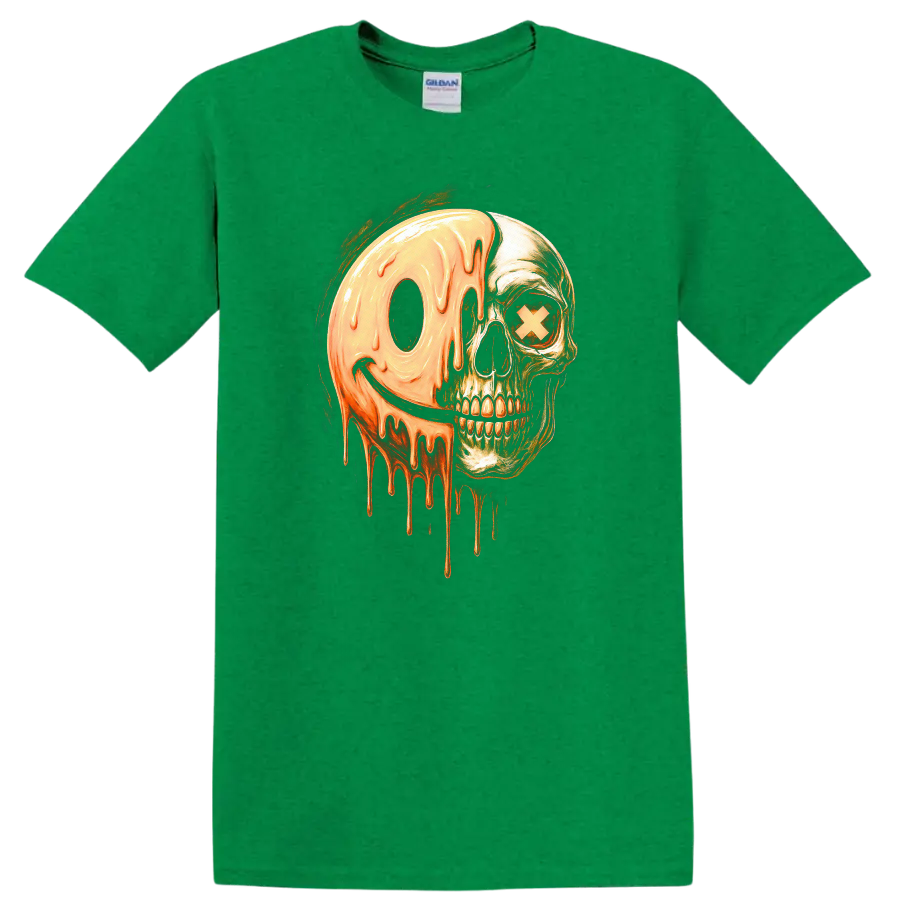 Vintage gothic skull with a melting orange smiley face and X eye graphic on a Antic Irish Green T Shirt