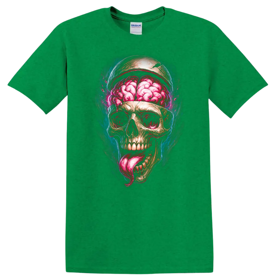 Exposed brain skull with pink tongue in vivid gothic horror illustration on a Antic Irish Green T Shirt