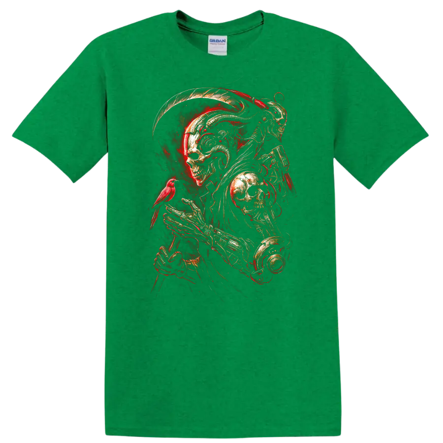 Mechanical skeleton reaper with skull armor, red bird, and fiery gothic art on a Antic Irish Green T Shirt