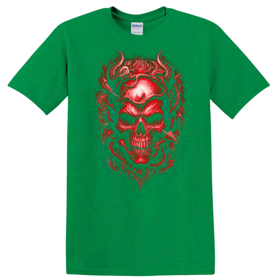 Red horned skull with crystal, gothic floral ornament, and teal vines on a Antic Irish Green T Shirt