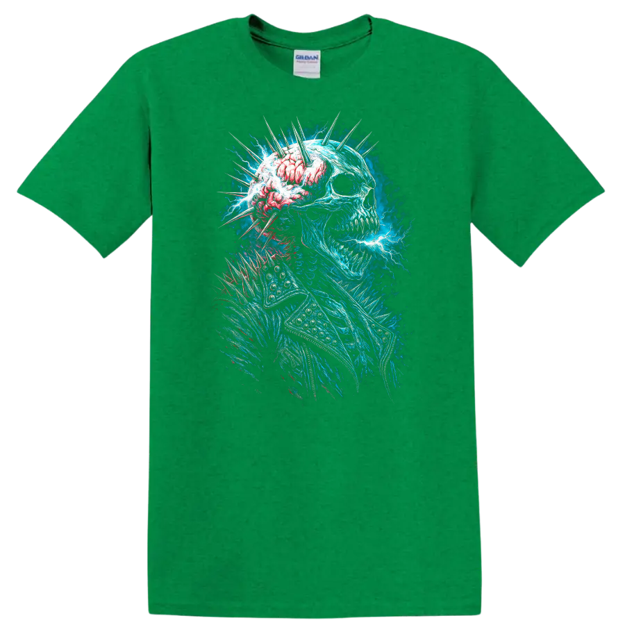 Electric blue skull with exposed brain, spikes, and gothic horror energy art on a Antic Irish Green T Shirt