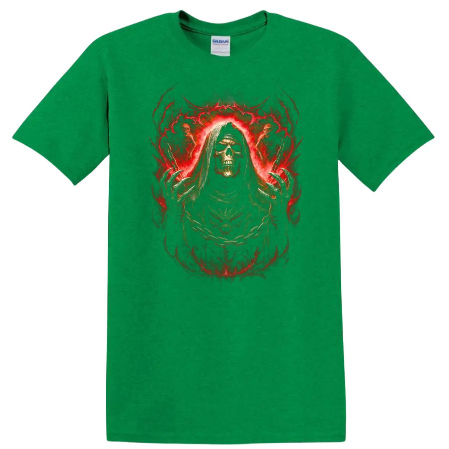 Hooded skull Grim Reaper in fiery red gothic horror artwork on a Antic Irish Green T Shirt