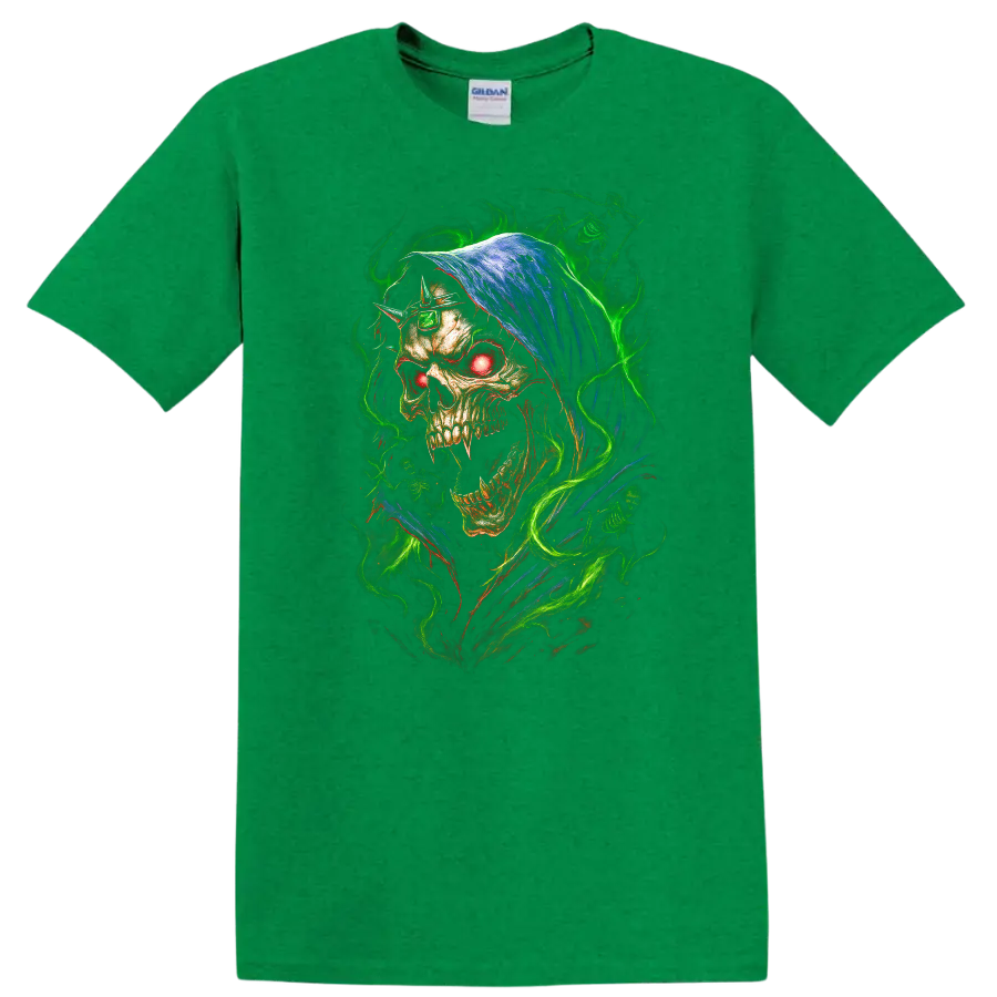 Hooded skull with glowing red eye and neon green flames in gothic horror art on a Antic Irish Green T Shirt