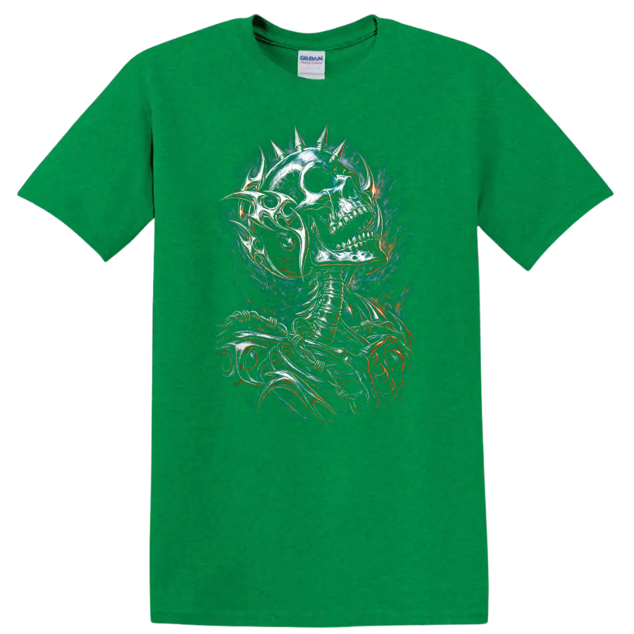 Spiked skeleton skull in distressed gothic horror art with smoky fiery accents on a Antic Irish Green T Shirt