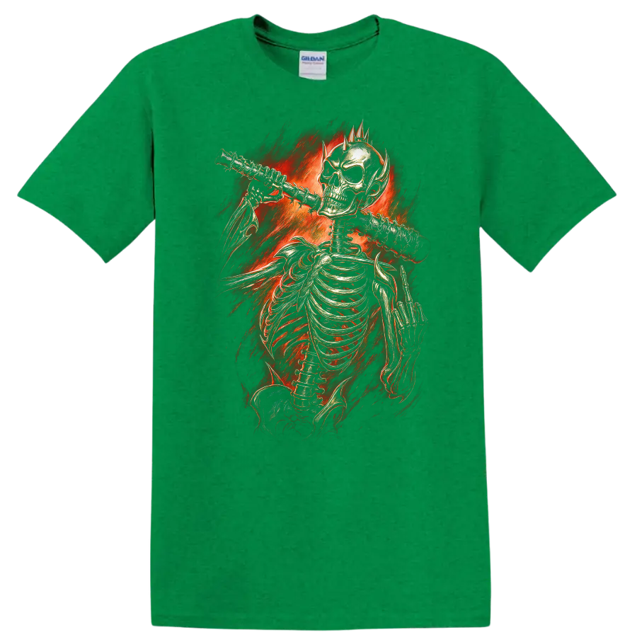 Vintage gothic skeleton playing flute amid fiery red flames on a Antic Irish Green T Shirt