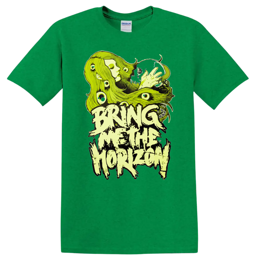 Neon green Bring Me The Horizon inspired horror-metal graphic T - Antic Irish Green