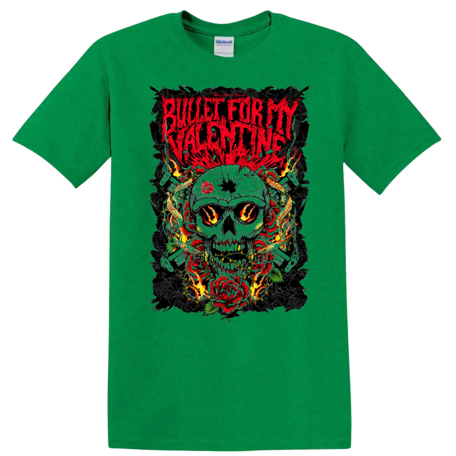 Bullet For My Valentine skull and roses rock metal graphic print T - Antic Irish Green