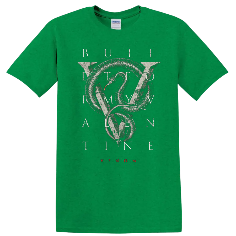 Bullet For My Valentine snake graphic with VENOM text on black T - Antic Irish Green