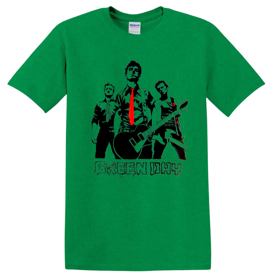 Green Day rock band graphic print T shirt with three stylized figures and red - Antic Irish Green