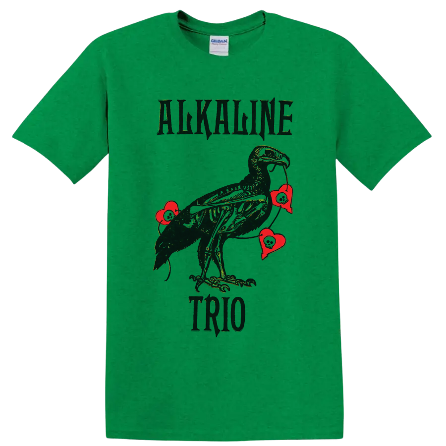 Alkaline Trio punk rock raven with red hearts graphic print on a Antic Irish Green T Shirt