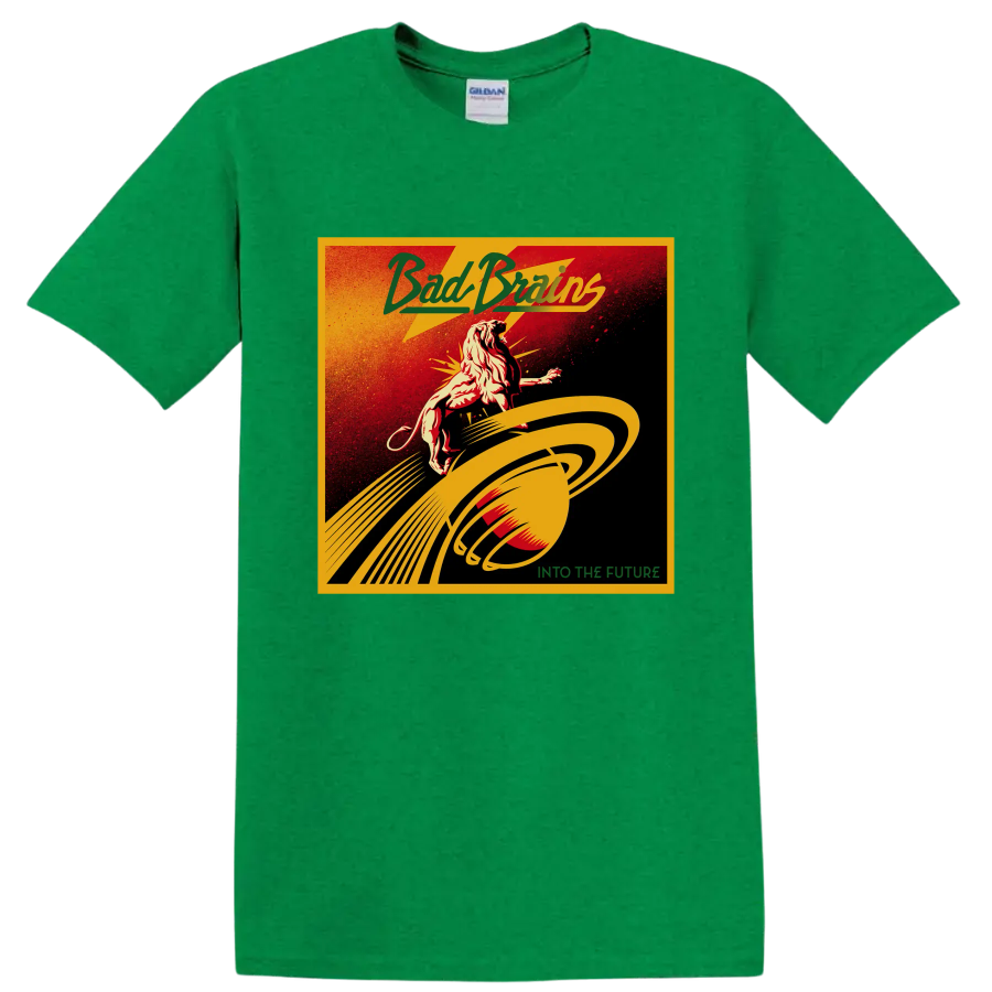 Bad Brains distressed punk rock lion and planetary rings Into the Future design on a Antic Irish Green T Shirt