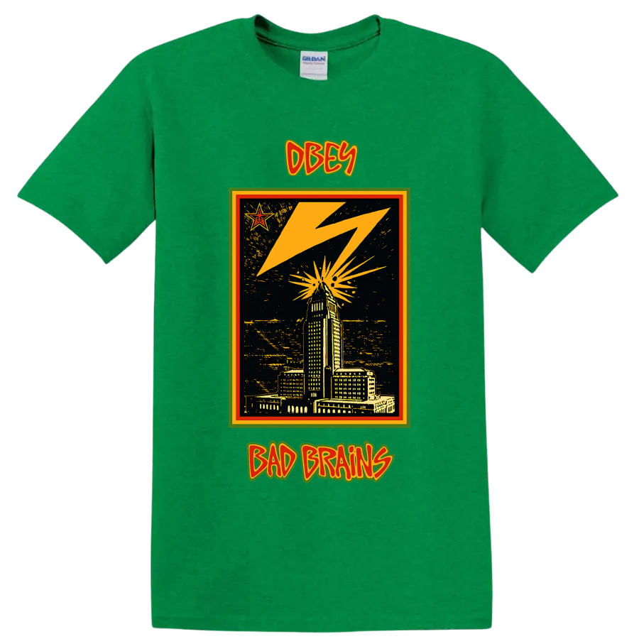 Bad Brains OBEY lightning city skyline punk rock graphic on a Antic Irish Green T Shirt