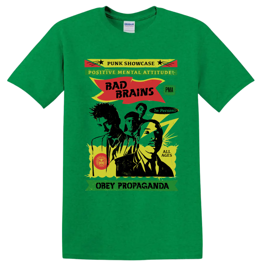 Bad Brains punk rock graphic with Positive Mental Attitude lettering on a Antic Irish Green T Shirt