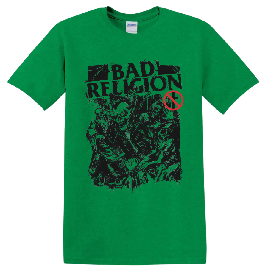 Bad Religion distressed punk rock graphic with red prohibition symbol on a Antic Irish Green T Shirt