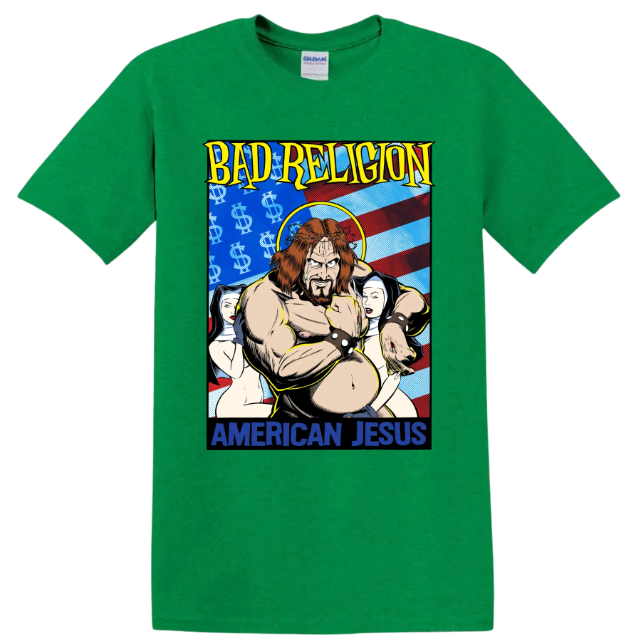 Bad Religion American Jesus comic-style punk rock graphic print on a Antic Irish Green T Shirt