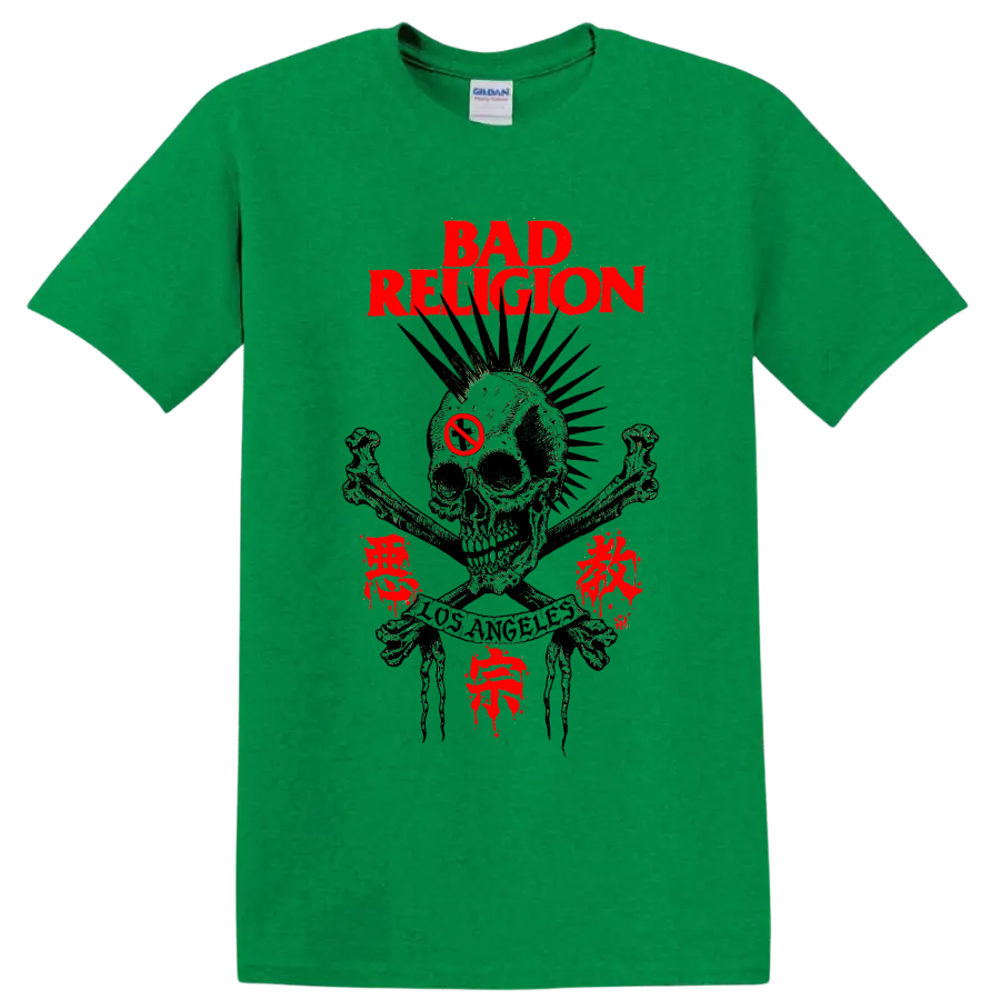 Bad Religion distressed punk rock skull graphic with red lettering on a Antic Irish Green T Shirt