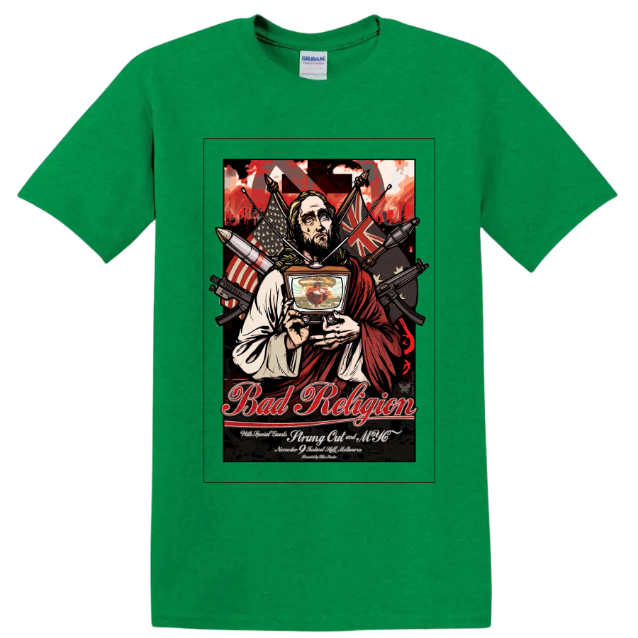 Bad Religion punk rock concert poster graphic with robed figure and television on a Antic Irish Green T Shirt