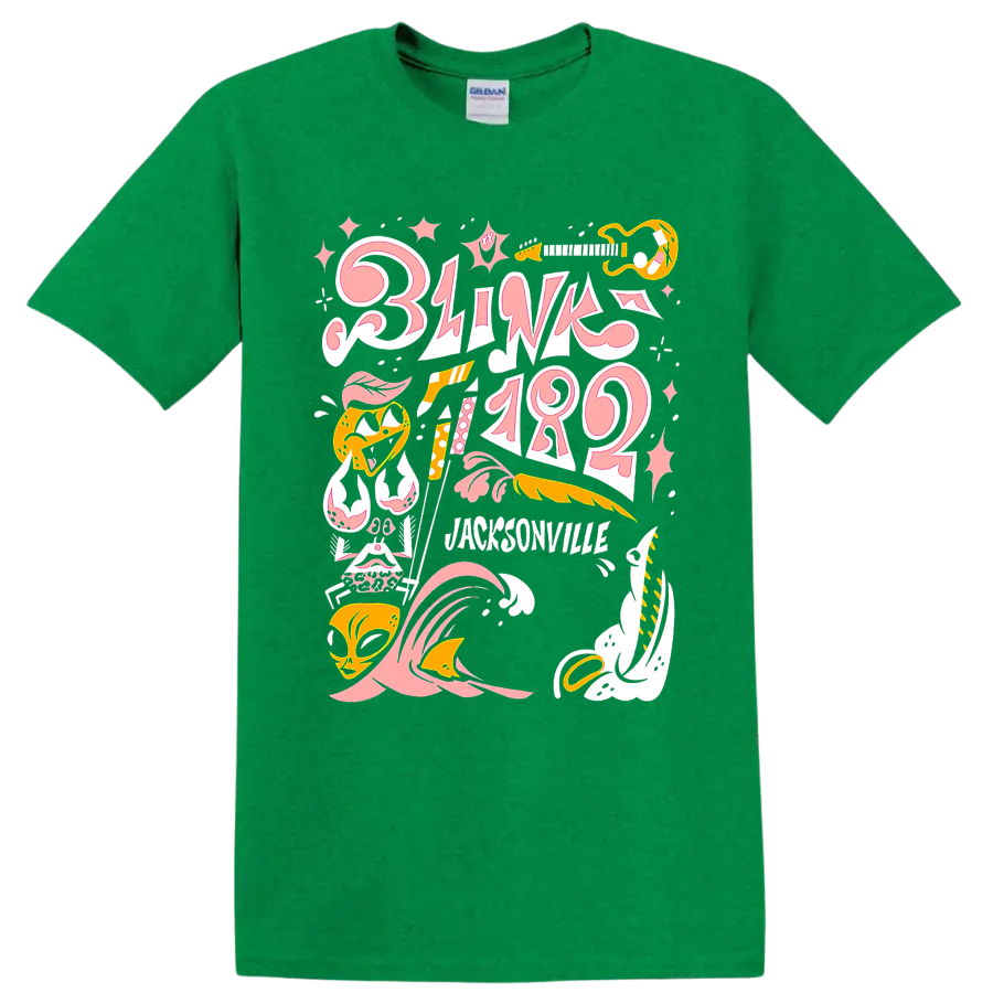 Blink-182 punk rock graphic print with pink lettering and yellow music accents on a Antic Irish Green T Shirt