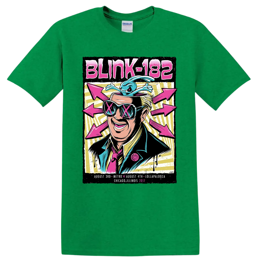 Blink-182 punk rock festival graphic with sunglasses, blue creature, and pink arrows on a Antic Irish Green T Shirt