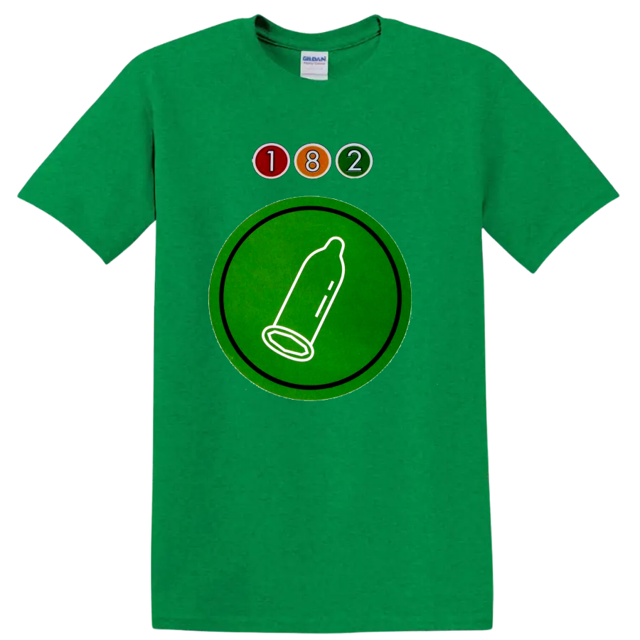 Blink-182 182 logo with colorful circles and green graphic emblem on a Antic Irish Green T Shirt
