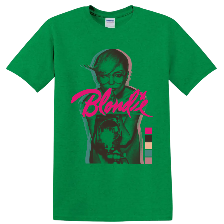 Blondie punk rock band portrait with bold pink script and colorful accents on a Antic Irish Green T Shirt