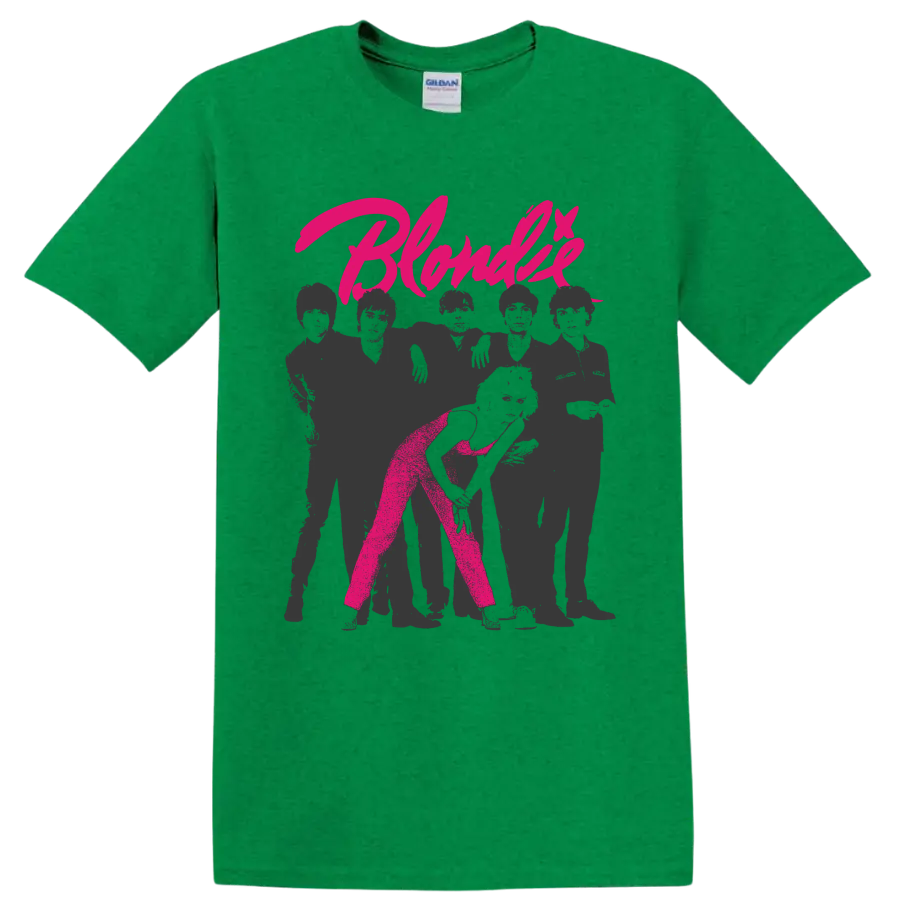 Blondie Debbie Harry punk rock graphic with hot pink script on a Antic Irish Green T Shirt