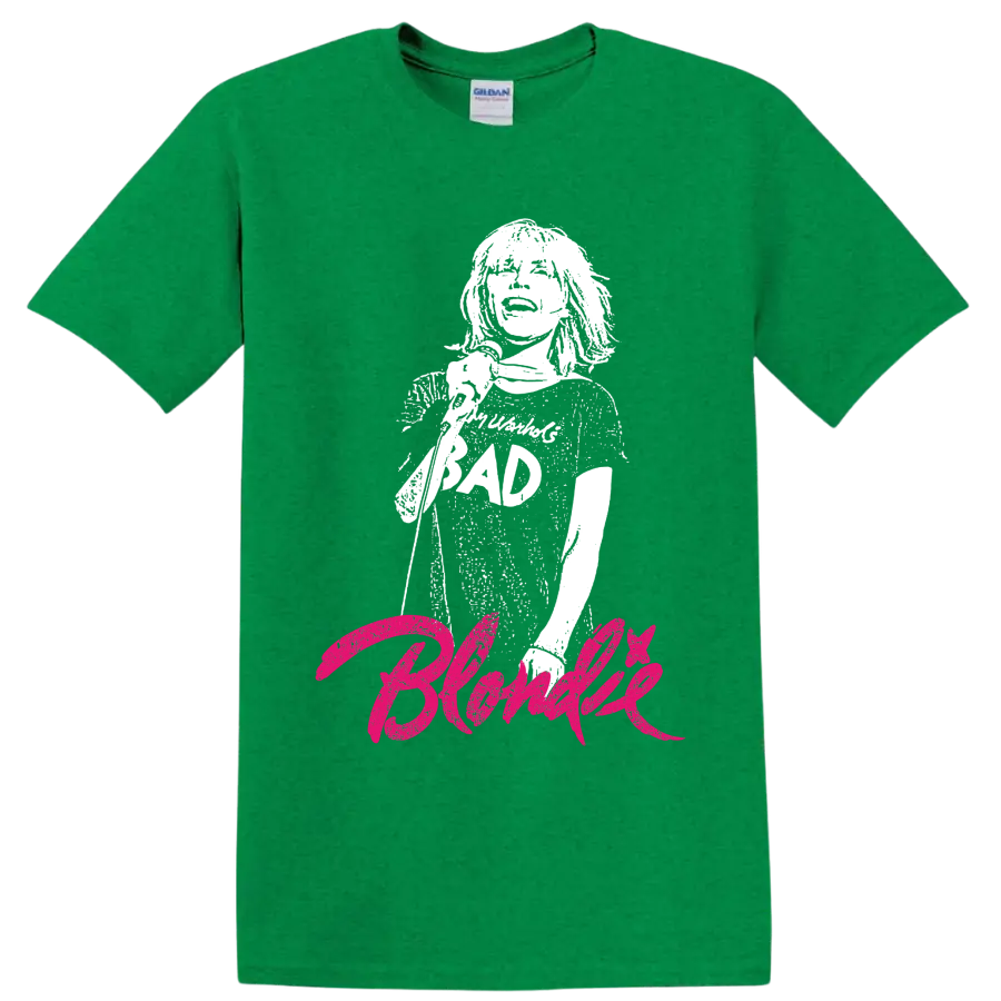 Debbie Harry portrait with hot pink Blondie punk rock lettering on a Antic Irish Green T Shirt