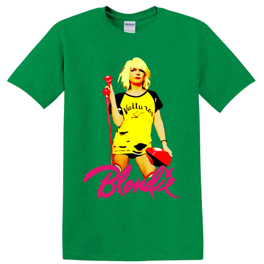 Blondie punk rock vocalist graphic with red microphone and pink script lettering on a Antic Irish Green T Shirt