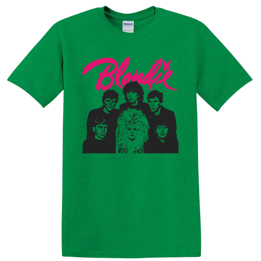 Blondie punk rock graphic with hot pink script and monochrome band portrait on a Antic Irish Green T Shirt