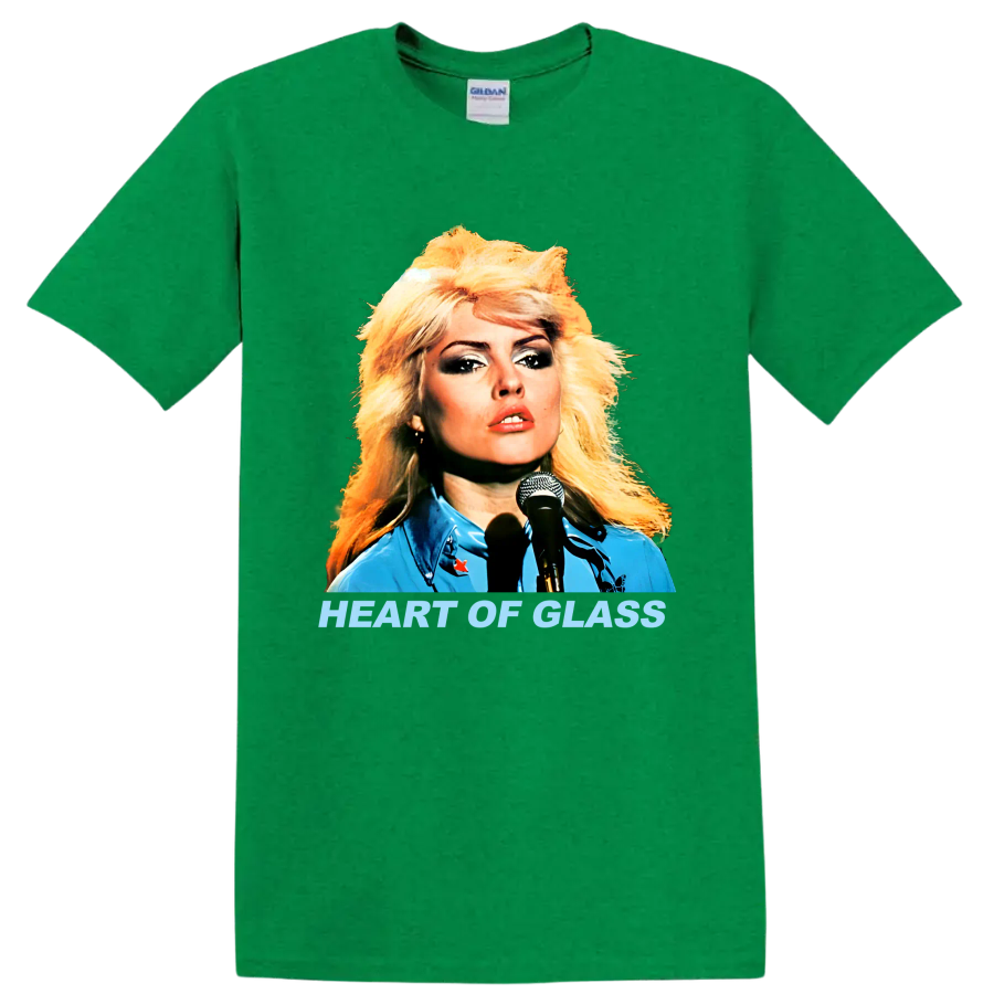 Blondie singer portrait with Heart of Glass text, retro punk rock graphic on a Antic Irish Green T Shirt