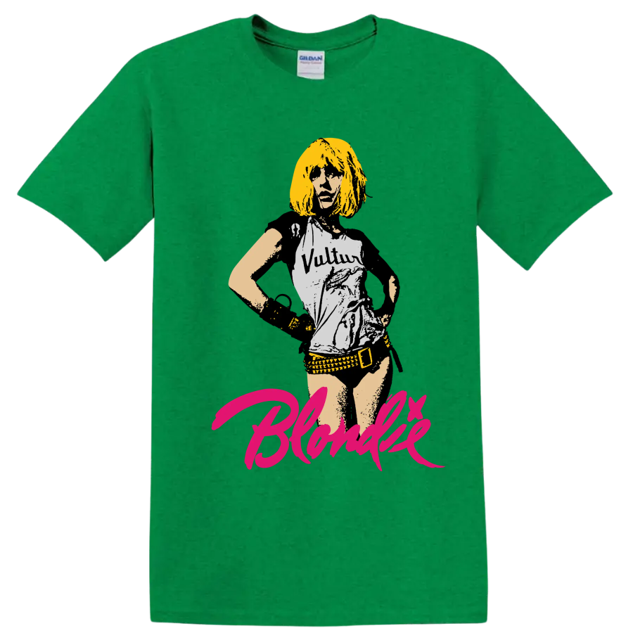Blondie punk rock portrait graphic with hot pink script lettering on a Antic Irish Green T Shirt