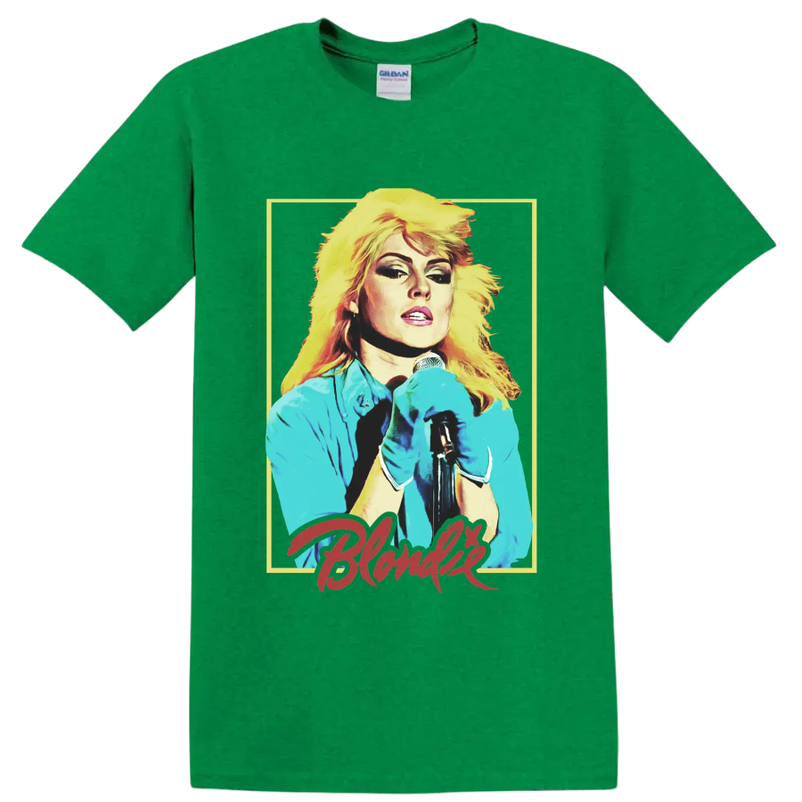 Debbie Harry of Blondie punk rock singer portrait with microphone on a Antic Irish Green T Shirt