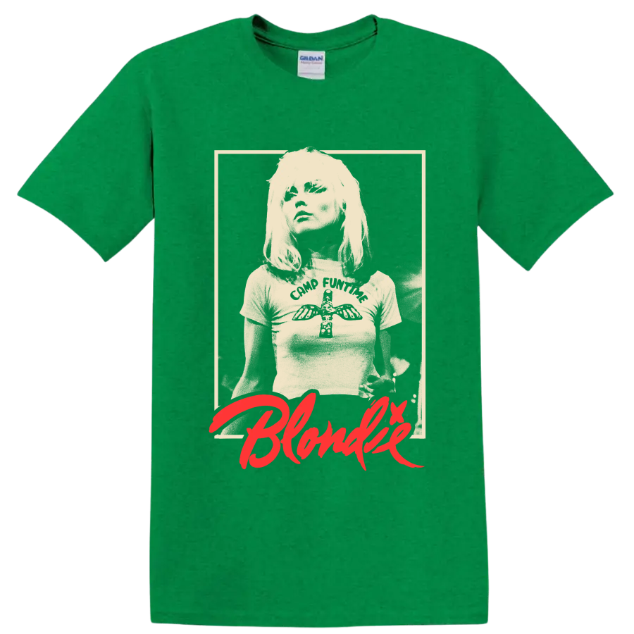 Blondie vintage punk rock portrait with red script graphic print on a Antic Irish Green T Shirt