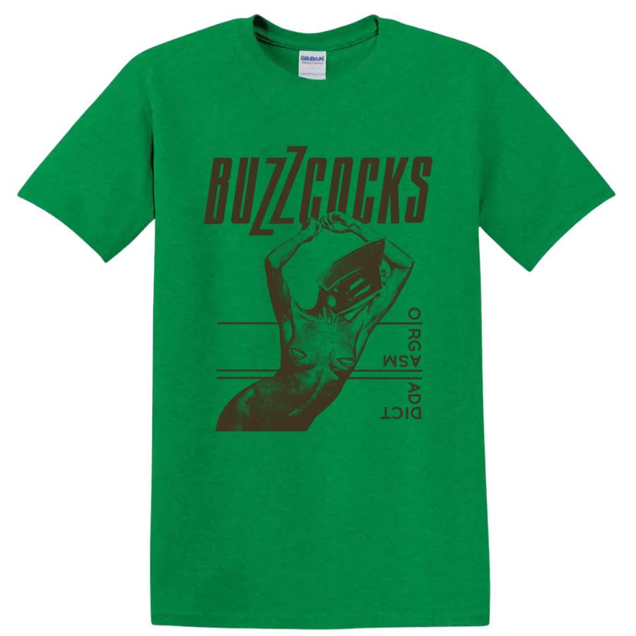 Buzzcocks distressed punk graphic with bold lettering and angular hand artwork on a Antic Irish Green T Shirt