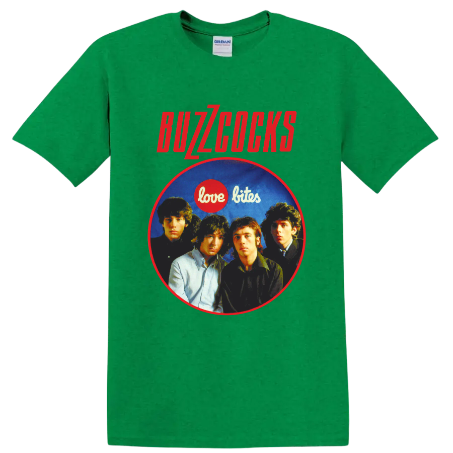 Buzzcocks punk rock band portrait with Love Bites graphic on a Antic Irish Green T Shirt