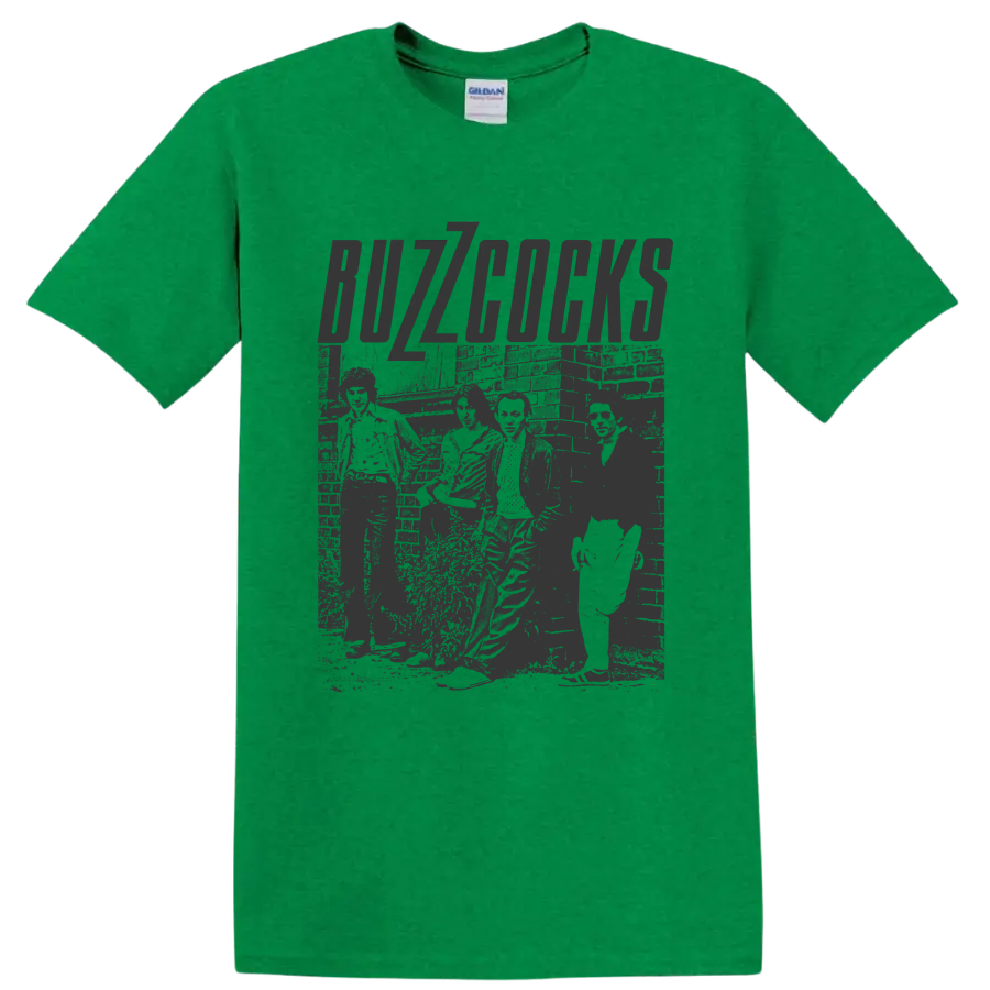 Buzzcocks distressed punk rock lettering with gritty monochrome artwork on a Antic Irish Green T Shirt