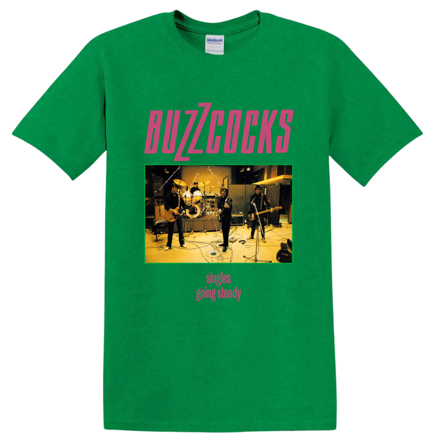 Buzzcocks punk rock band studio photo graphic with pink lettering on a Antic Irish Green T Shirt