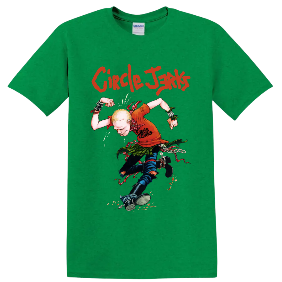 Circle Jerks punk rock graphic with illustrated figure and distressed lettering on a Antic Irish Green T Shirt