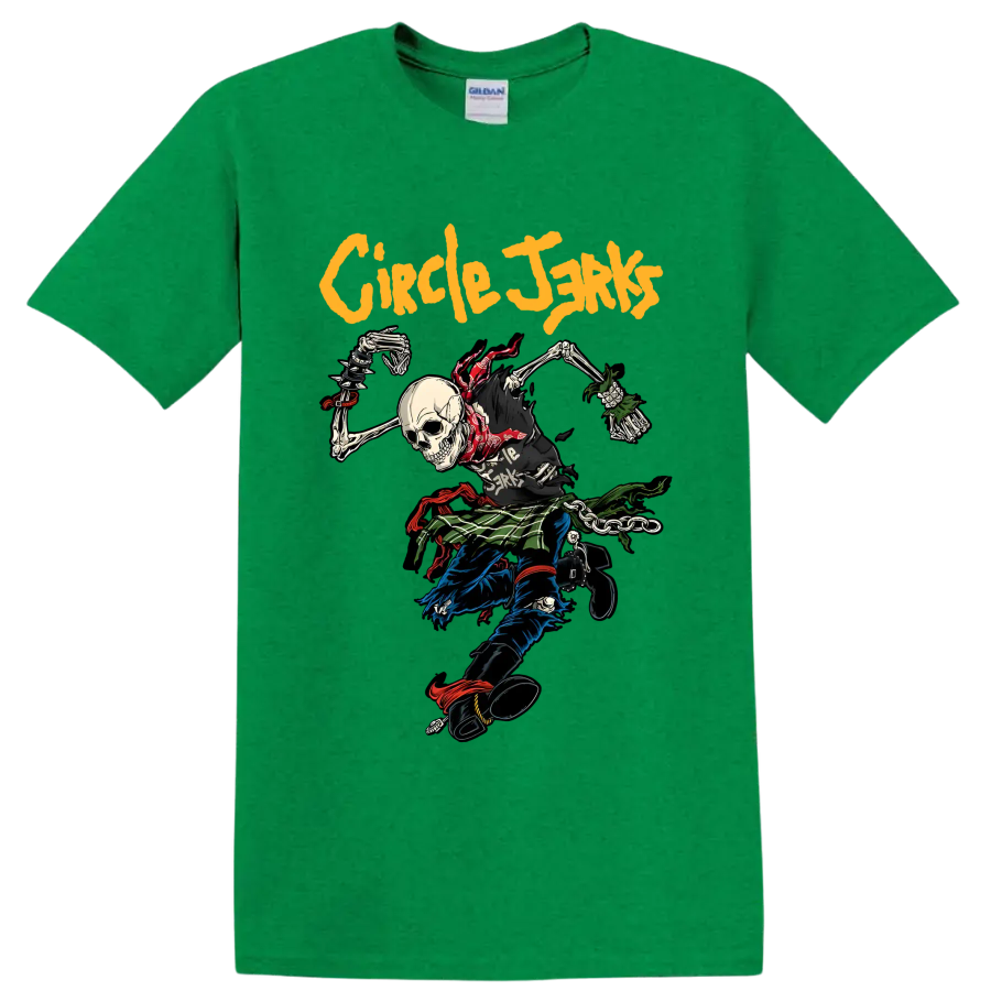 Circle Jerks punk rock skeleton graphic with bold yellow lettering on a Antic Irish Green T Shirt