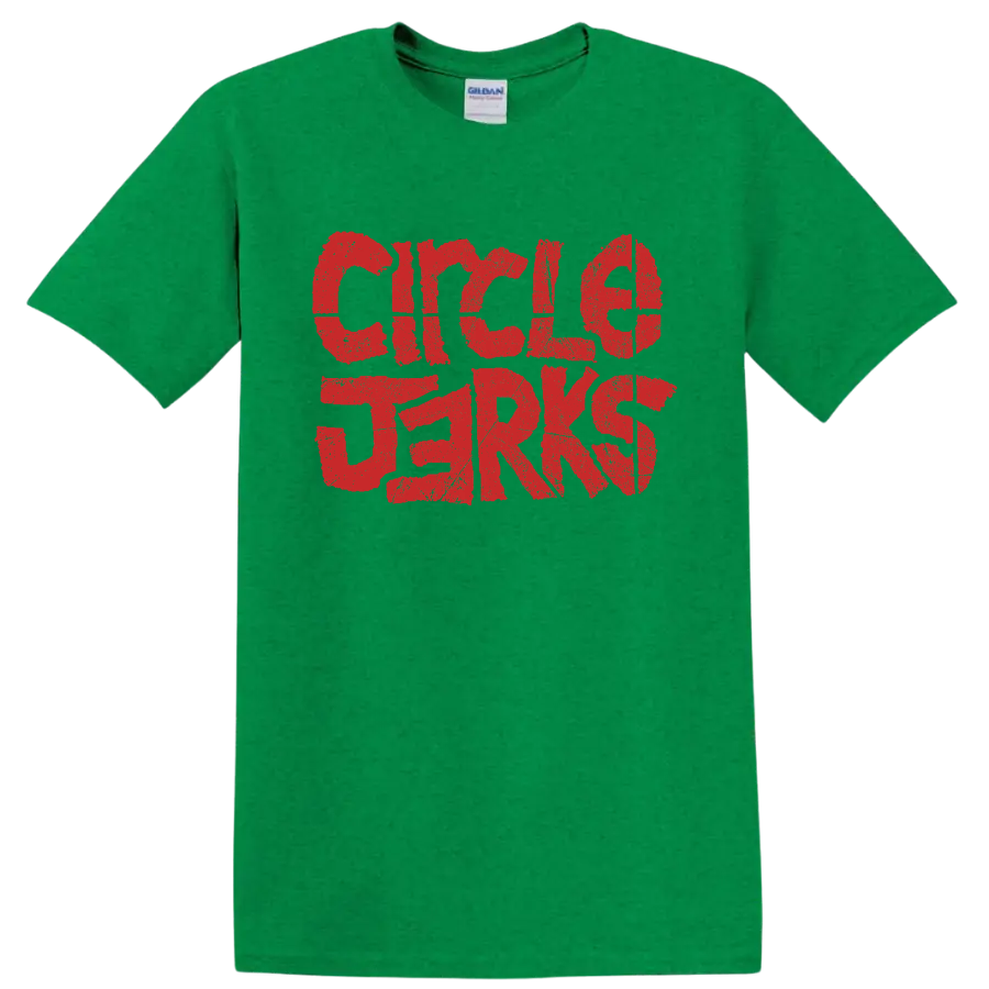 Distressed red Circle Jerks punk rock band lettering graphic on a Antic Irish Green T Shirt