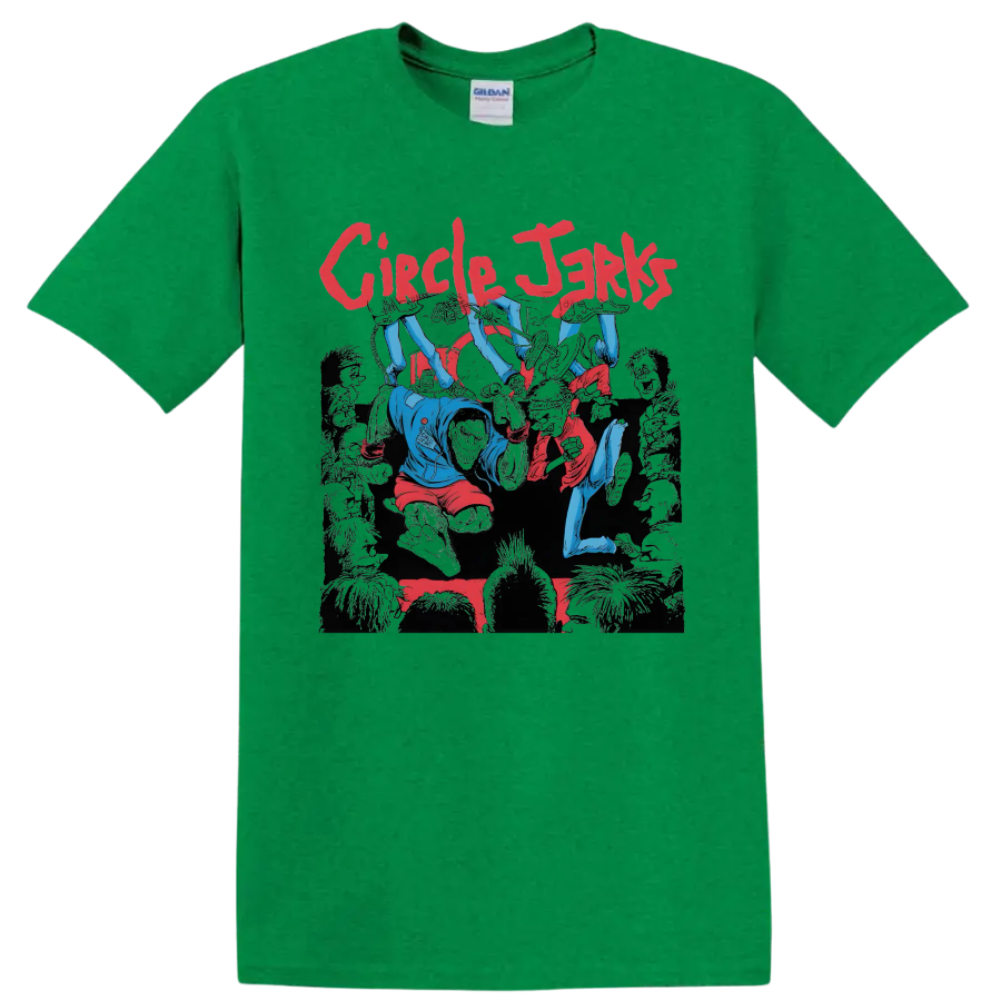 Circle Jerks punk rock graphic with red lettering and concert crowd on a Antic Irish Green T Shirt