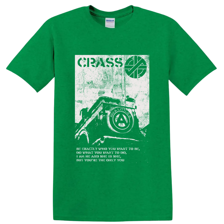 Crass punk rock anarchist collage graphic print on a Antic Irish Green T Shirt